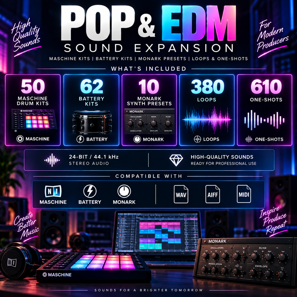 Promotional graphic for a digital audio sample pack titled 'POP & EDM SOUND EXPANSION,' showing large headline text, feature callouts for drum kits, batteries, synths, loops, and one-shots, compatibility with Maschine, Battery, Monark, Wav, AIFF, and MIDI, plus a laptop and audio gear on a dark neon-lit studio background.