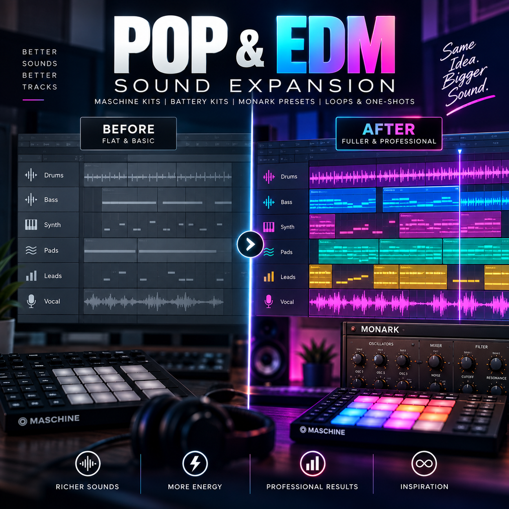 Promotional graphic for a digital audio preset pack titled 'POP & EDM SOUND EXPANSION', showing a before-and-after comparison of audio arrangement workflows, with Maschine and Monark software devices in the foreground and colorful waveform graphics on a dark background.