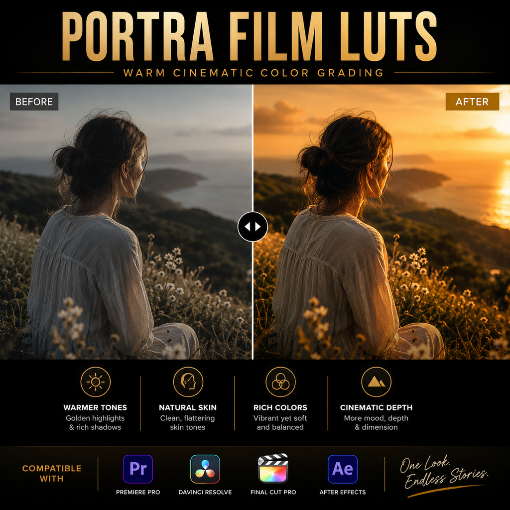 Promotional graphic for 'Portra Film Luts' showing a before-and-after comparison of a woman in a field at sunset, with text explaining warm cinematic color grading and compatibility with Premiere Pro, DaVing Resolve, Final Cut Pro, and After Effects.