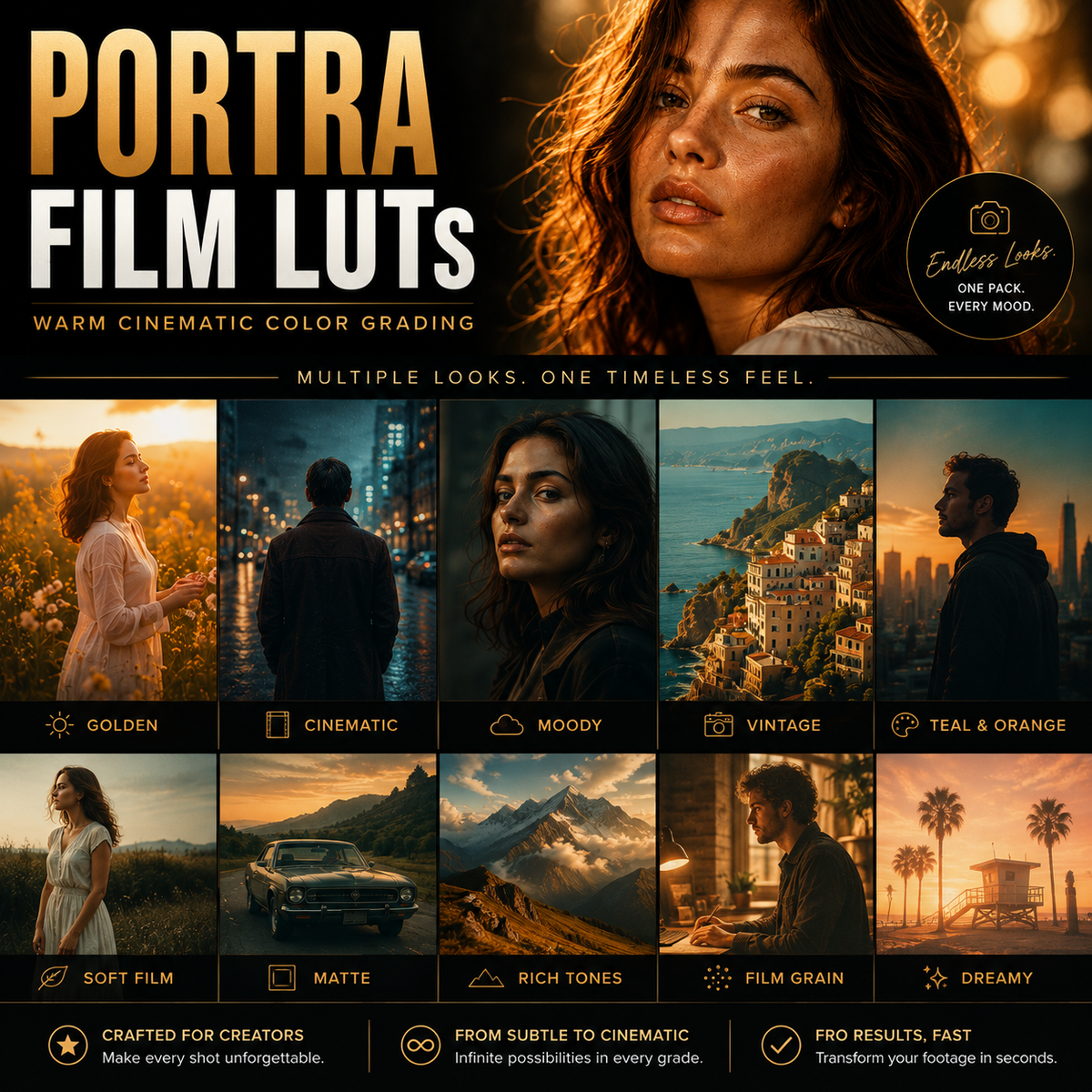 Promotional graphic for 'Portra Film Luts' showing a large portrait of a woman with warm cinematic grading, a circular badge reading 'Editor's Choice One Pack Every Mood,' and a grid of nine example mood panels labeled Golden, Cinematic, Moody, Vintage, Teal & Orange, Soft Film, Matte, Rich Tones, Film Grain, and Dreamy.