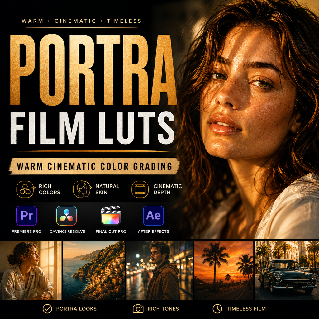 Promotional graphic for 'Portra Film Luts' warm cinematic color grading presets, featuring a close-up portrait of a woman with warm golden skin tones, software compatibility icons for Premiere Pro, DaVinci Resolve, Final Cut Pro, and After Effects, and four smaller before/after style portrait and landscape thumbnails.