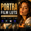 Promotional graphic for 'Portra Film Luts' warm cinematic color grading presets, featuring a close-up portrait of a woman with warm golden skin tones, software compatibility icons for Premiere Pro, DaVinci Resolve, Final Cut Pro, and After Effects, and four smaller before/after style portrait and landscape thumbnails.