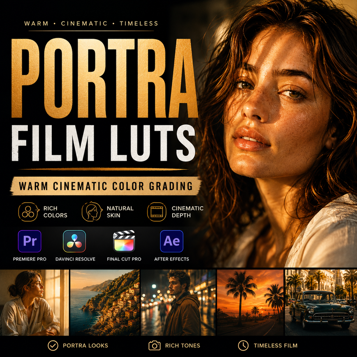 Promotional graphic for 'Portra Film Luts' warm cinematic color grading presets, featuring a close-up portrait of a woman with warm golden skin tones, software compatibility icons for Premiere Pro, DaVinci Resolve, Final Cut Pro, and After Effects, and four smaller before/after style portrait and landscape thumbnails.