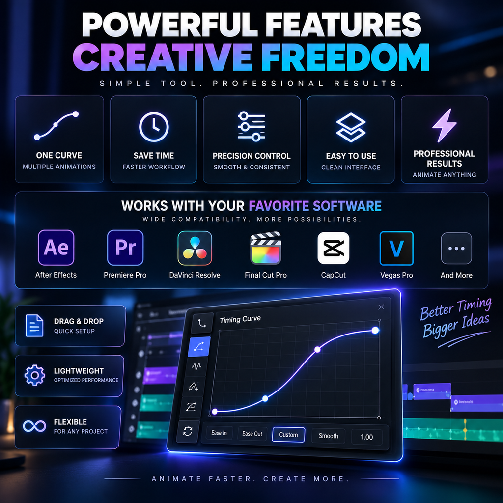 Promotional graphic for a digital animation and timing curve software tool, featuring a dark blue and black background with glowing neon text and interface elements. The layout highlights key features such as one curve, save time, precision control, and professional results, with compatibility icons for Adobe After Effects, Premiere Pro, DaVinci Resolve, Final Cut Pro, CapCut, and Vegas Pro.