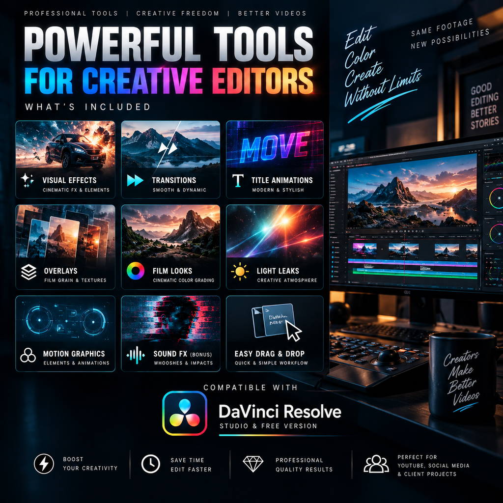 Promotional graphic for DaVinci Resolve Studio and Free Version, showing a collage of creative tools and effects panels, a computer monitor with video editing software, and a branded coffee cup on a dark desk. Text highlights powerful tools for creative editors and compatibility with DaVinci Resolve.