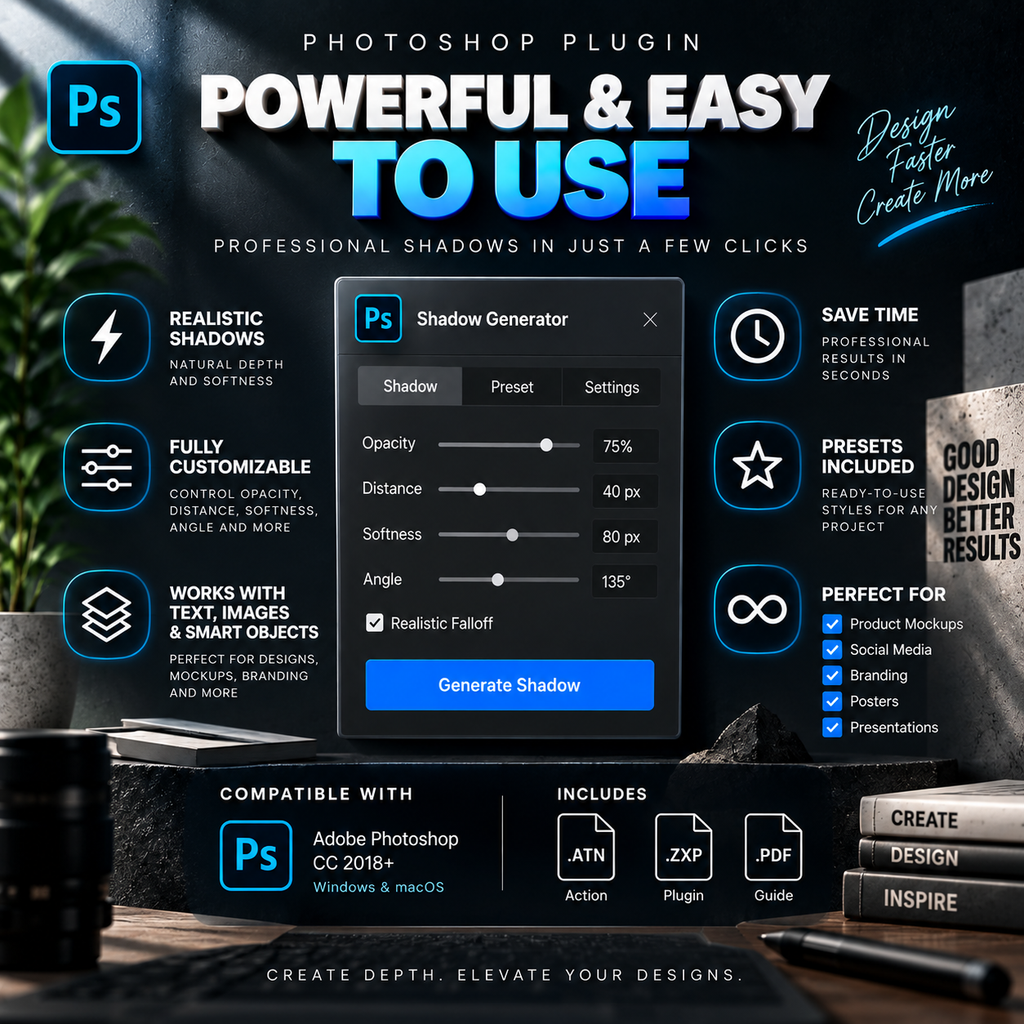 Promotional graphic for a Photoshop plugin called 'Powerful & Easy to Use' with a central mockup of a 'Shadow Generator' interface. The design features a dark, professional layout with various icons and text highlighting features like 'Realistic Shadows', 'Fully Customizable', and 'Works with Text & Images'.