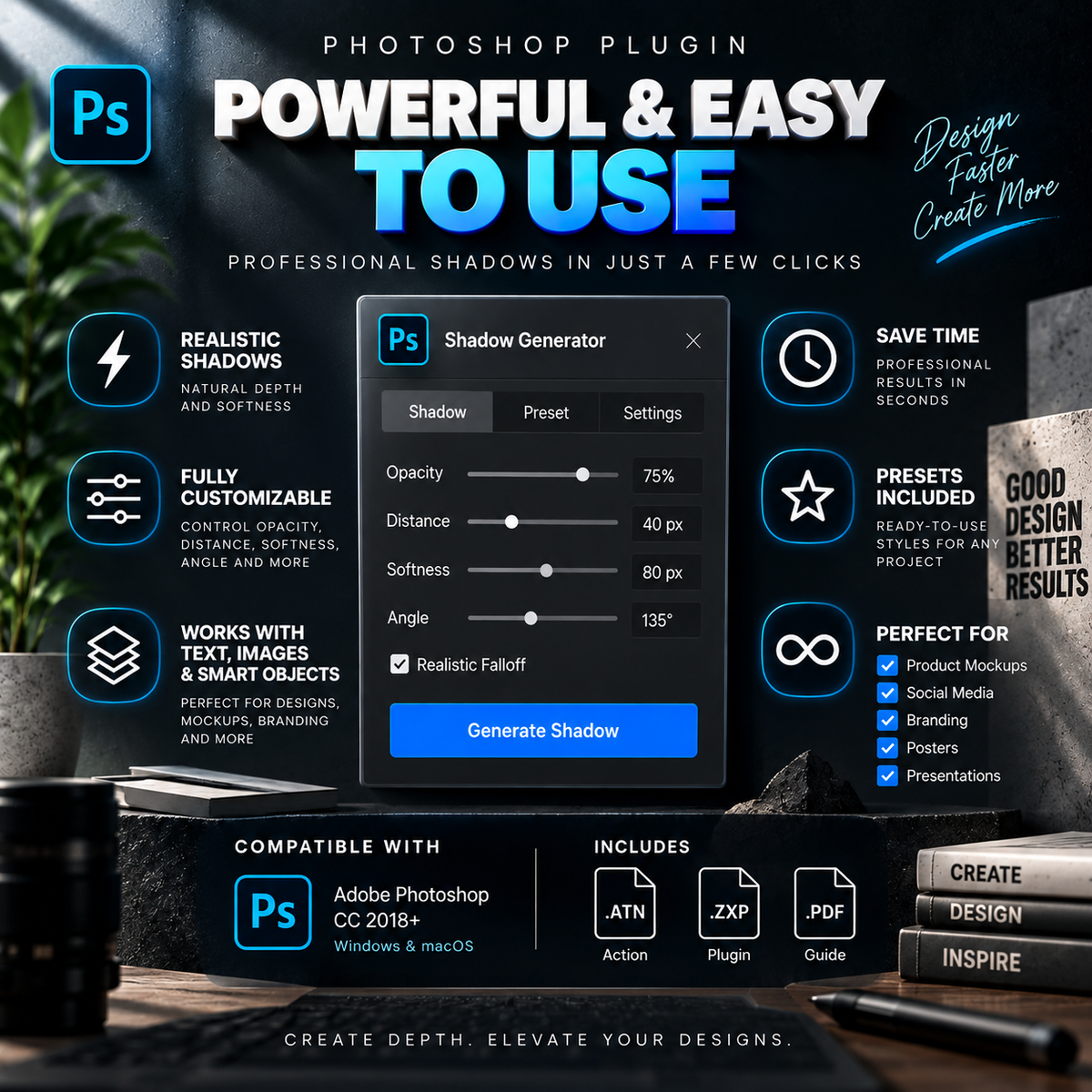 Promotional graphic for a Photoshop plugin called 'Powerful & Easy to Use' with a central mockup of a 'Shadow Generator' interface. The design features a dark, professional layout with various icons and text highlighting features like 'Realistic Shadows', 'Fully Customizable', and 'Works with Text & Images'.