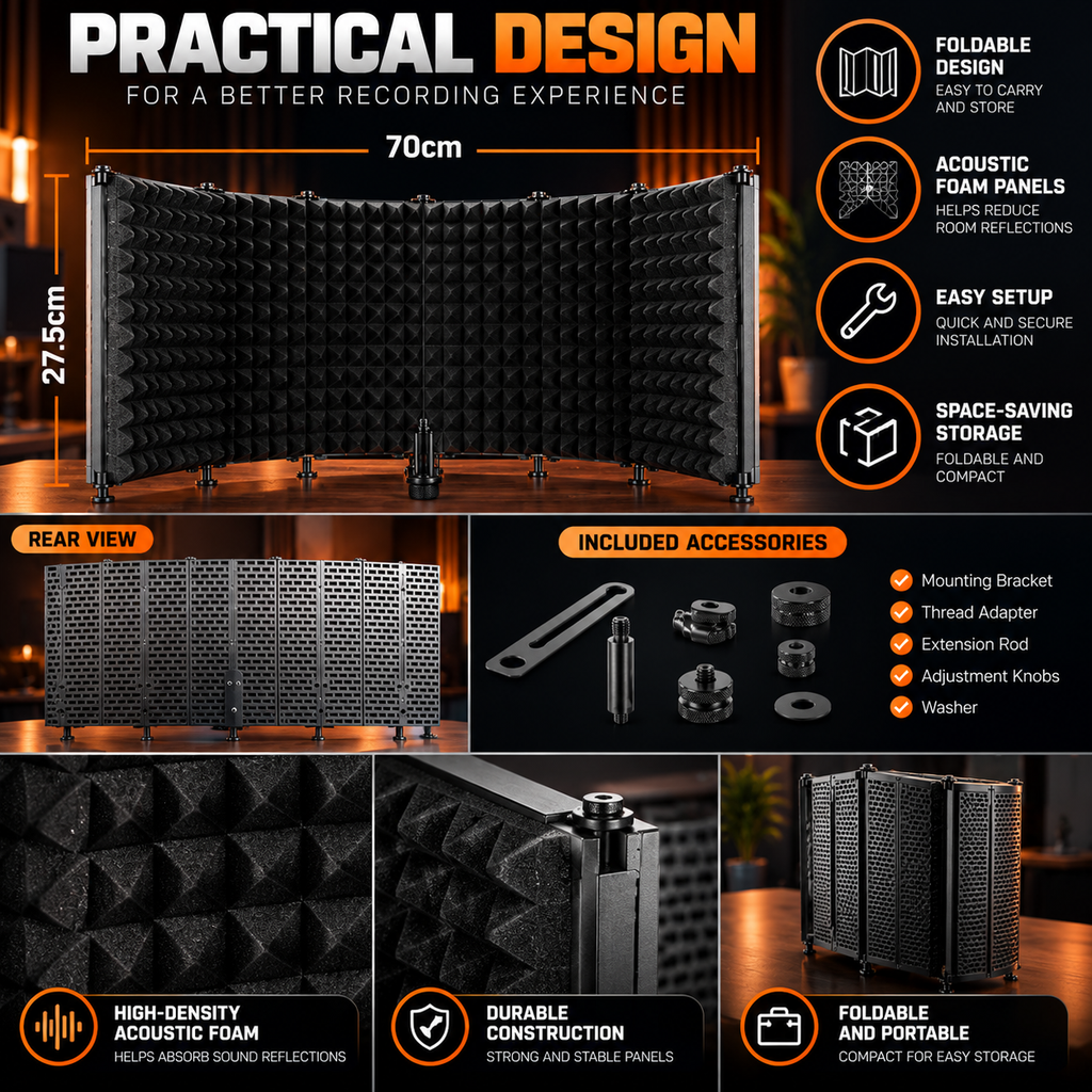 A promotional infographic for a black acoustic foam panel set, showing the product from multiple angles with dimensions, feature callouts, included accessories, and close-up texture details on a dark background.