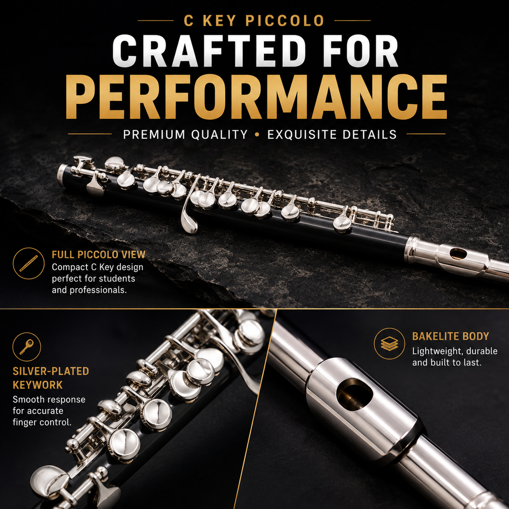 C Key Piccolo flute shown in a promotional product graphic with three close-up detail panels and marketing text. The flute has a black body with silver-plated keys and metallic silver end pieces, photographed against a dark textured background.