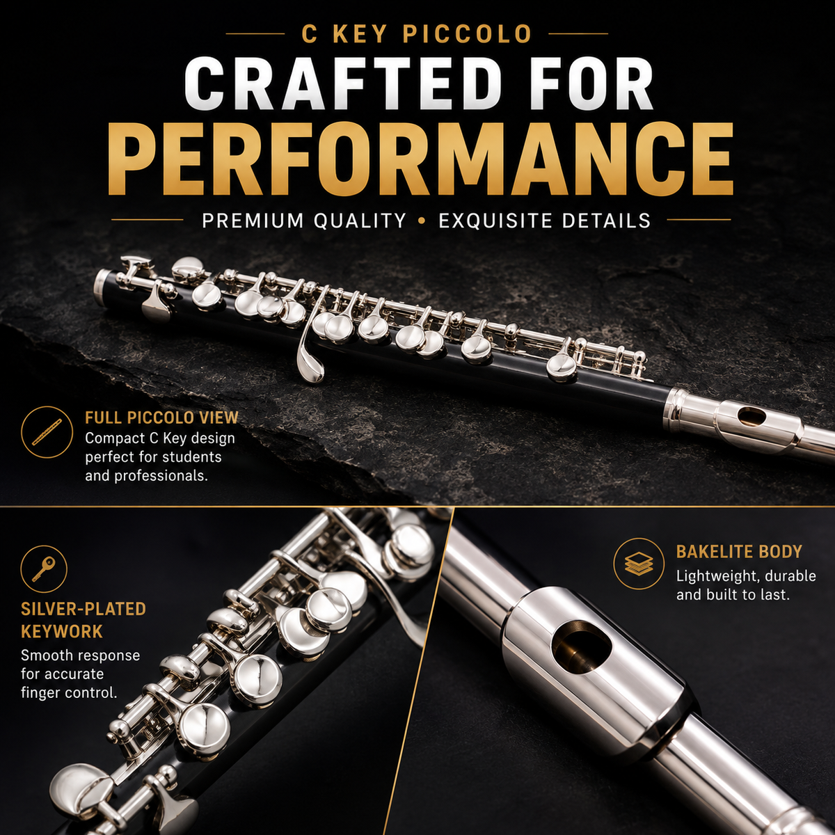 C Key Piccolo flute shown in a promotional product graphic with three close-up detail panels and marketing text. The flute has a black body with silver-plated keys and metallic silver end pieces, photographed against a dark textured background.