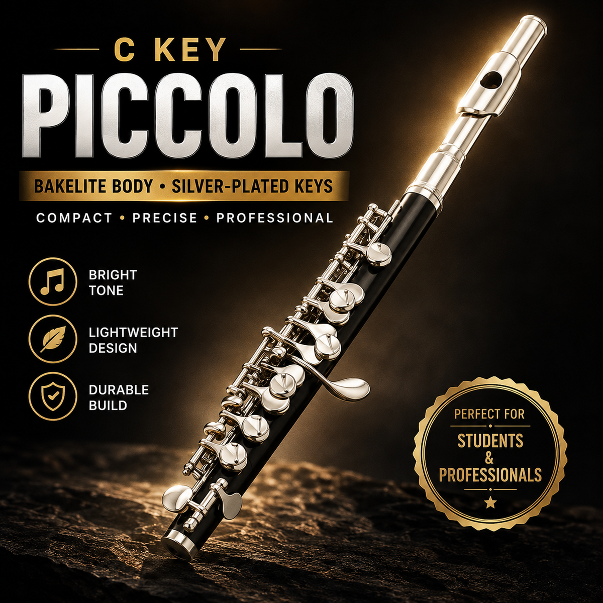 A black and silver piccolo flute shown diagonally on a dark textured surface with promotional text reading 'C KEY PICCOLO' and feature callouts including bright tone, lightweight design, and durable build.