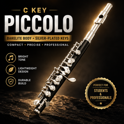 A black and silver piccolo flute shown diagonally on a dark textured surface with promotional text reading 'C KEY PICCOLO' and feature callouts including bright tone, lightweight design, and durable build.
