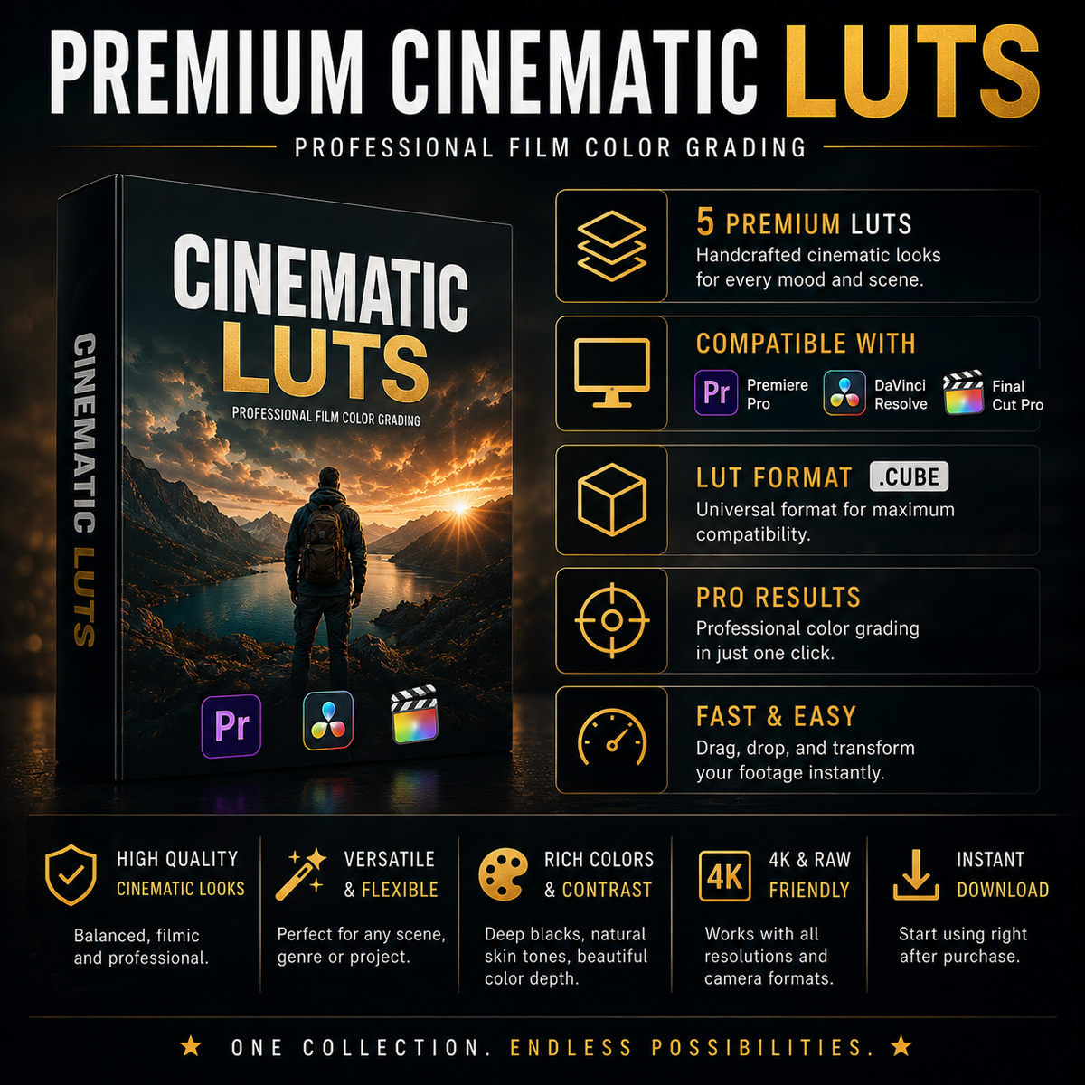 Promotional graphic for a digital product called Cinematic Luts, showing a software-style box cover with a mountain scene, feature icons, compatibility badges for Premiere Pro, DaVinci Resolve, and Final Cut Pro, and a bottom banner with benefits and download callouts.