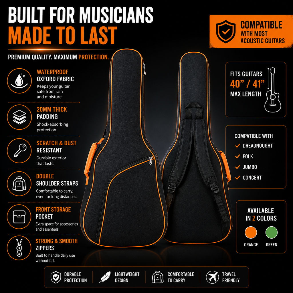 Black and orange acoustic guitar gig bag shown on a dark promotional background with feature callouts, compatibility text, and color options.
