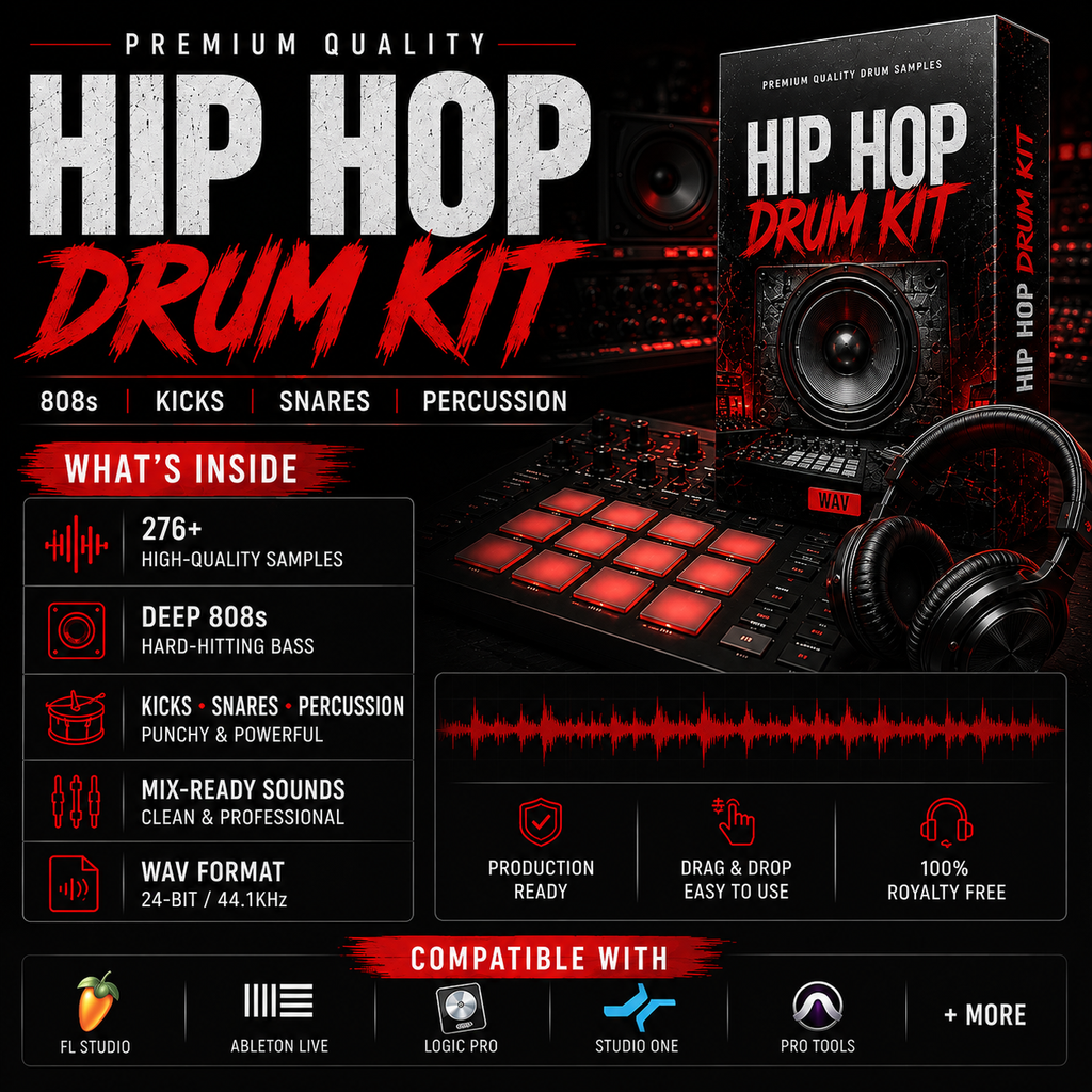 Promotional graphic for a Hip Hop Drum Kit featuring a software sampler interface, a boxed kit, and a pair of headphones on a dark red and black background. Text highlights 276+ high-quality samples, genres, format, and compatibility with FL Studio, Ableton Live, Logic Pro, Studio One, and Pro Tools.