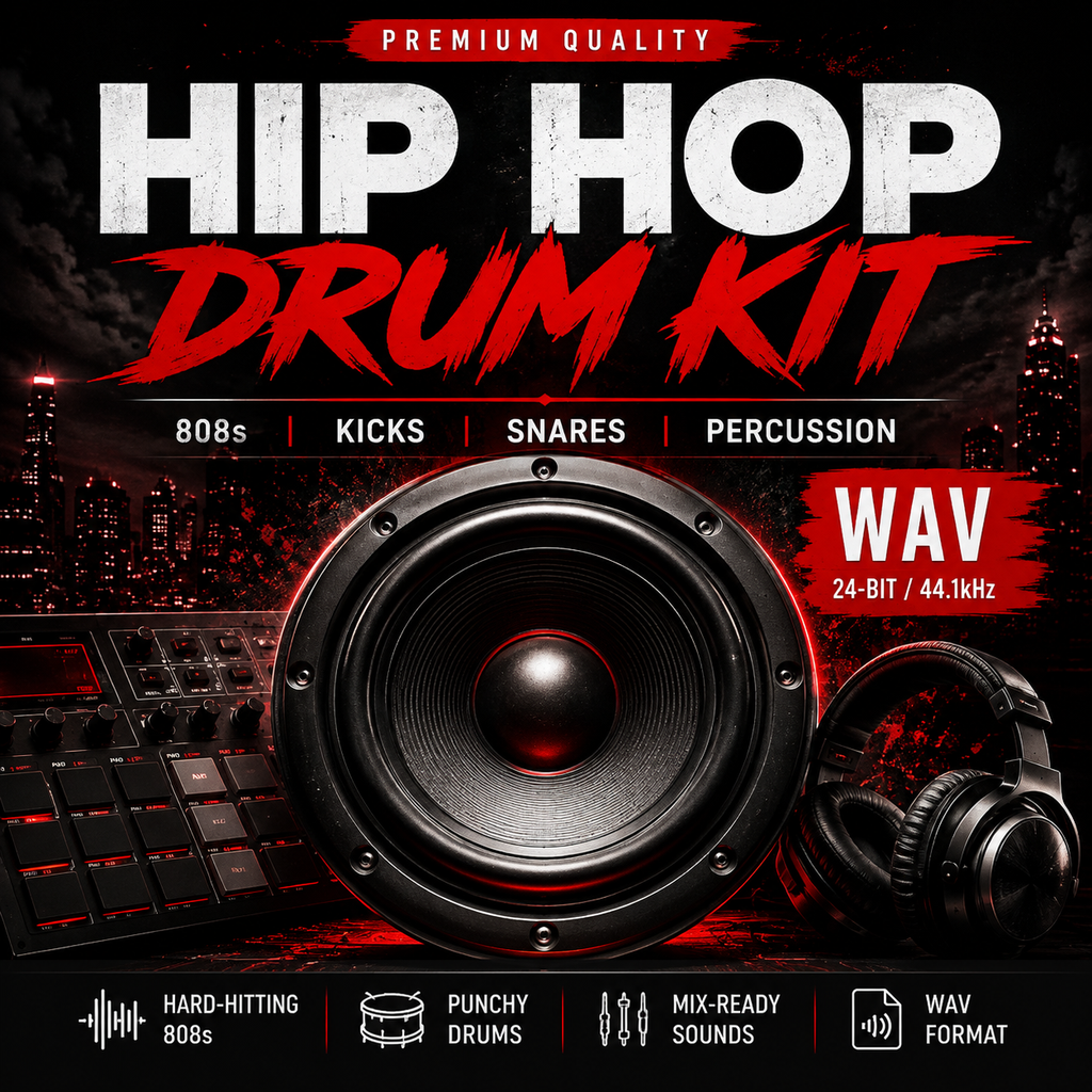 Promotional graphic for a hip hop drum kit, featuring a large speaker, headphones, and a drum pad on a dark cityscape background with bold text reading 'HIP HOP DRUM KIT' and 'WAV 24-BIT / 44.1kHz'.