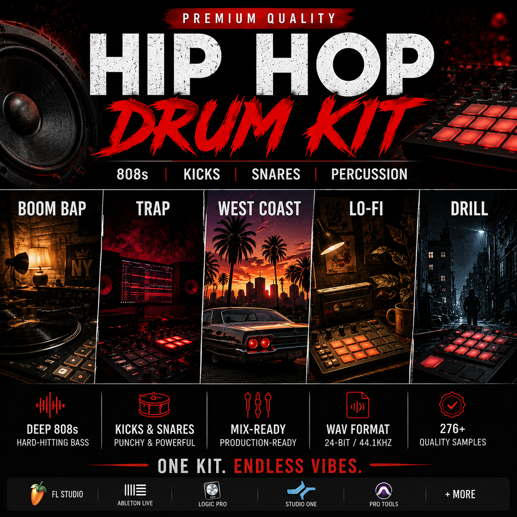 Promotional graphic for a Hip Hop Drum Kit featuring a dark, high-contrast design with red and white text. The layout showcases four distinct sample library styles: Boom Bap, Trap, West Coast, and Lo-Fi, each with its own dark urban street scene background.