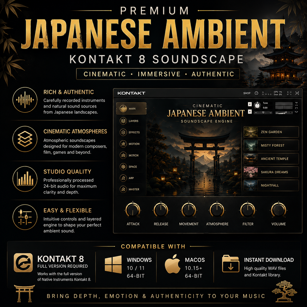 Premium Japanese ambient Kontakt 8 soundscape with high-quality WAV audio, customizable controls, and Mac and Windows support.