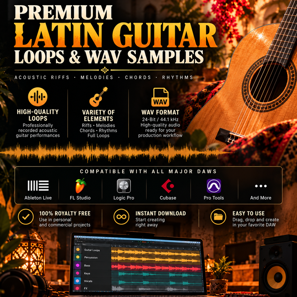 Promotional graphic for a premium Latin guitar loops and wav samples digital audio asset pack, featuring a large acoustic guitar, a waveform graphic, and text highlighting features like high-quality loops, variety of elements, and compatibility with DAWs.