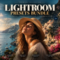 Promotional cover for a Lightroom presets bundle, featuring a woman in a straw hat by the sea with large text reading 'LIGHTROOM PRESETS BUNDLE' and feature callouts for desktop mobile, edit anywhere, timeless looks, stunning presets, one-click editing, professional results, and for creatives like you.