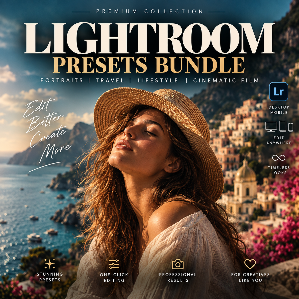 Promotional cover for a Lightroom presets bundle, featuring a woman in a straw hat by the sea with large text reading 'LIGHTROOM PRESETS BUNDLE' and feature callouts for desktop mobile, edit anywhere, timeless looks, stunning presets, one-click editing, professional results, and for creatives like you.