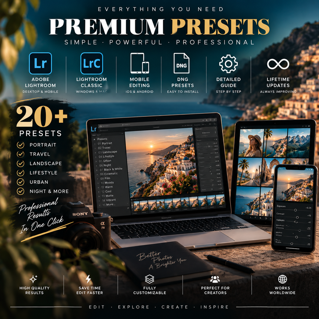 Promotional graphic for a premium photo editing preset pack, showing a laptop, tablet, and phone displaying scenic landscape images, with software compatibility icons for Adobe Lightroom and other platforms. Text highlights 20+ presets and professional results.