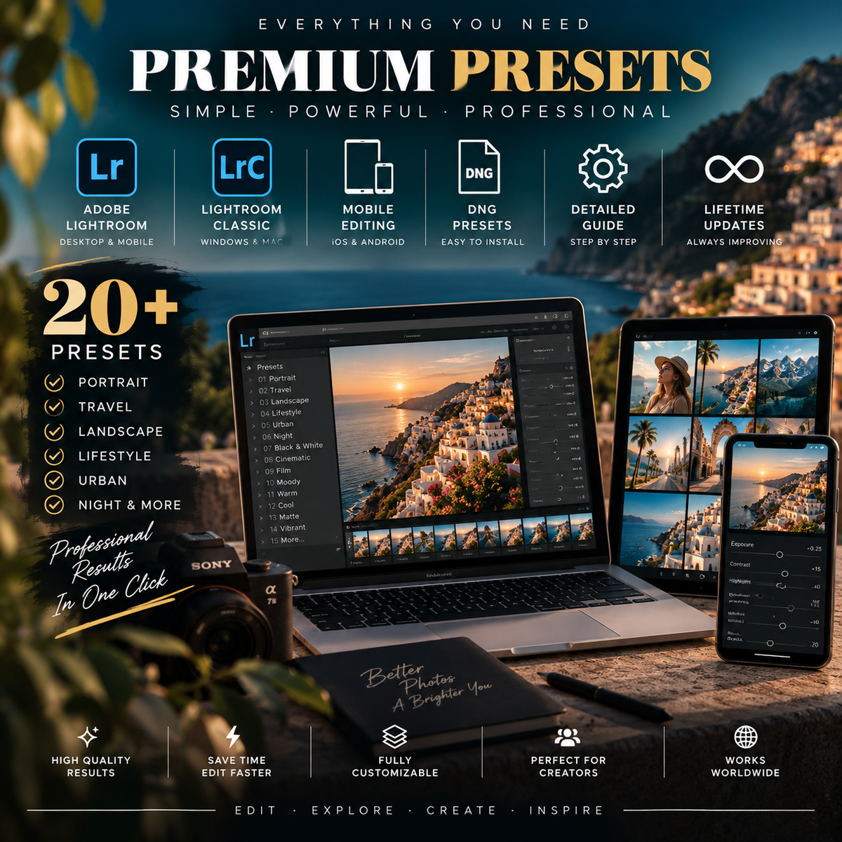 Promotional graphic for a premium photo editing preset pack, showing a laptop, tablet, and phone displaying scenic landscape images, with software compatibility icons for Adobe Lightroom and other platforms. Text highlights 20+ presets and professional results.