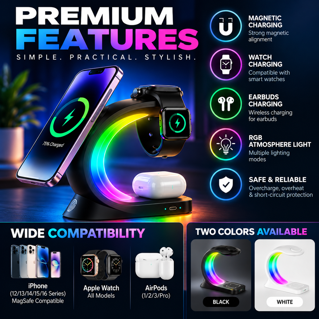 A promotional graphic for a wireless charging stand showing a smartphone, smartwatch, and AirPods on the charging base. Large text reads 'PREMIUM FEATURES' with feature callouts like magnetic charging, watch charging, earbuds charging, wireless charging for earbuds, RGB atmosphere light, and safe & reliable protection.