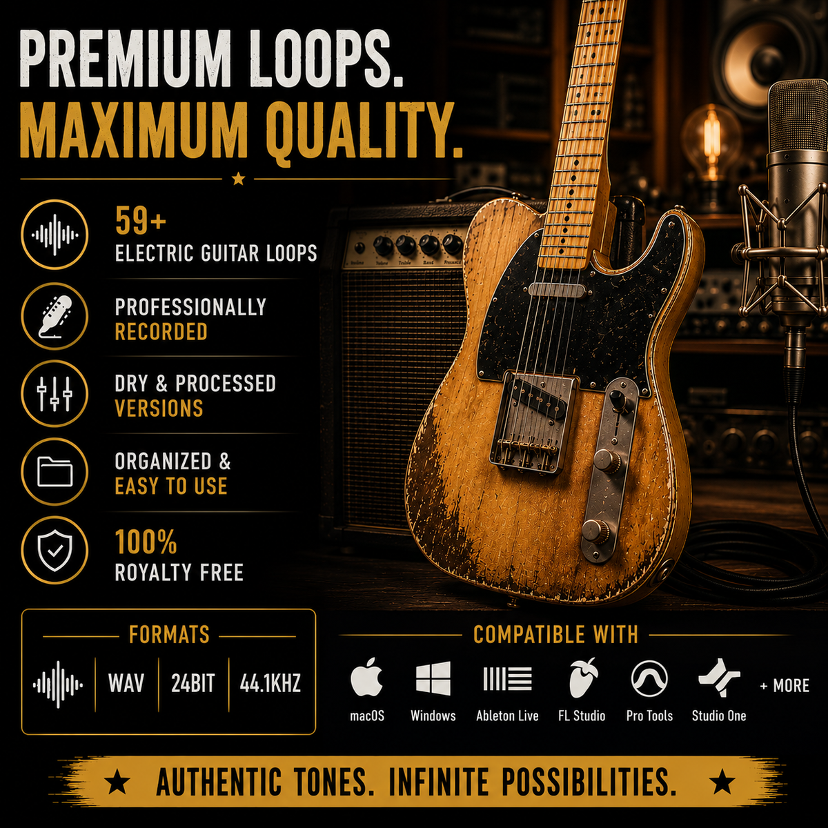 Promotional graphic for a digital audio loop pack featuring an electric guitar and microphone in a studio setting, with text highlighting 59+ electric guitar loops, professionally recorded versions, dry and processed versions, and compatibility with macOS, Windows, Ableton Live, FL Studio, Pro Tools, and Studio One.
