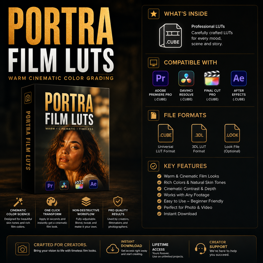 Promotional graphic for 'Portra Film Luts' showing a dark cinematic design with a book-style product cover, feature icons, compatibility logos for Adobe Premiere Pro, DaVinci Resolve, Final Cut Pro, and After Effects, file format icons, and feature bullets on a black background.