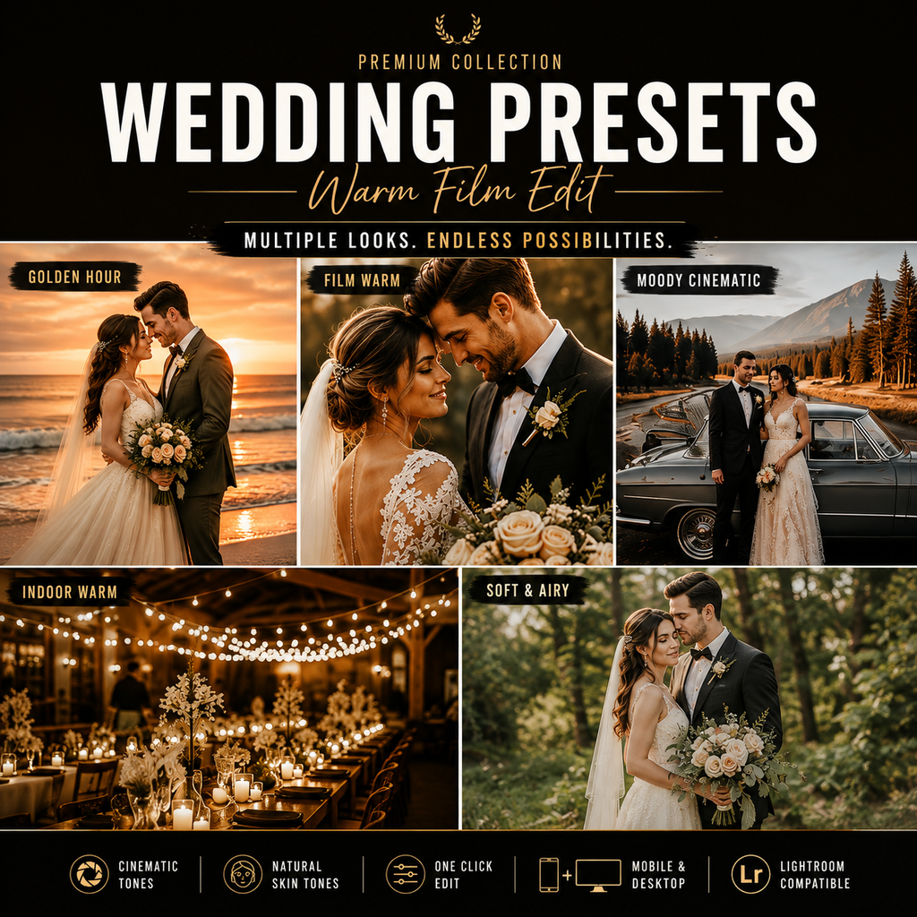 Promotional graphic for a preset pack titled 'WEDDING PRESETS' with warm film-editing examples shown in a collage: golden hour beach wedding, film-warm portrait, woody cinematic car scene, indoor warm string lights reception, and soft airy forest wedding. Text highlights multiple looks, endless possibilities, cinematic tones, natural skin tones, one-click edit, mobile/desktop compatibility, and Lightroom compatibility.
