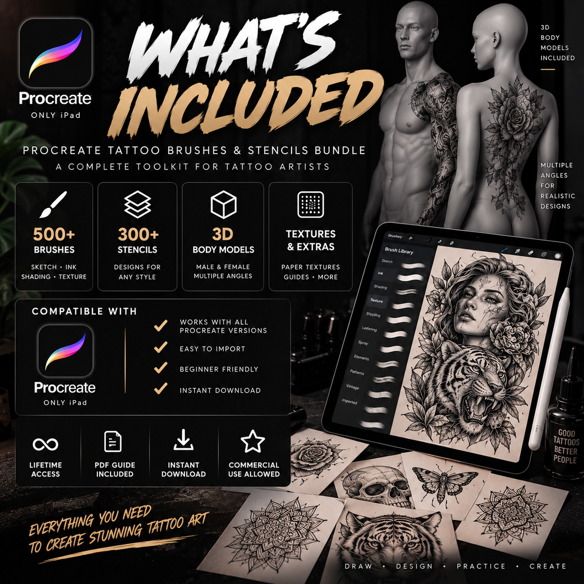 Promotional graphic for a Procreate tattoo brushes and stencils bundle, showing a tablet with tattoo artwork, several tattoo sketches on paper, and text listing included brushes, stencils, body models, textures, and compatibility with Procreate on iPad.
