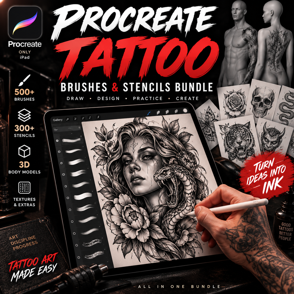 Promotional graphic for a Procreate tattoo brush and stencil bundle, showing a tablet with a black-and-white tattoo illustration of a woman and snake, a tattoo pen, sample tattoo sheets, and text highlighting 500+ brushes, 300+ stencils, and 3D body models.