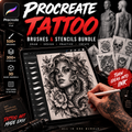 Promotional graphic for a Procreate tattoo brush and stencil bundle, showing a tablet with a black-and-white tattoo illustration of a woman and snake, a tattoo pen, sample tattoo sheets, and text highlighting 500+ brushes, 300+ stencils, and 3D body models.