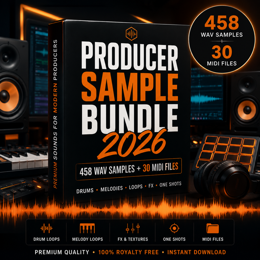 A promotional graphic for a digital product, 'Producer Sample Bundle 2026', showing a black software box with orange and white text. The background depicts a dark, stylized digital audio workstation environment with speakers, a MIDI controller, and an orange waveform.
