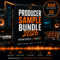A promotional graphic for a digital product, 'Producer Sample Bundle 2026', showing a black software box with orange and white text. The background depicts a dark, stylized digital audio workstation environment with speakers, a MIDI controller, and an orange waveform.