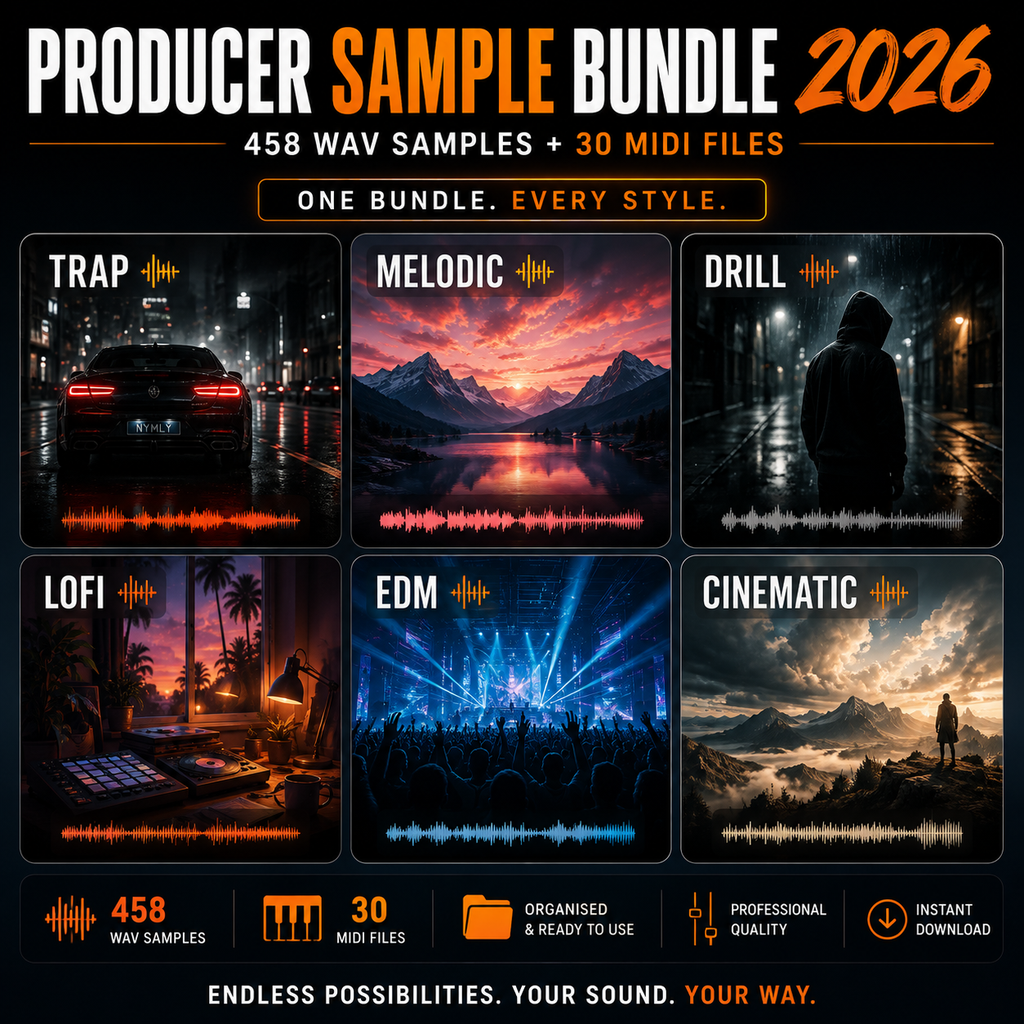 Promotional graphic for a 'Producer Sample Bundle 2026' containing 458 WAV samples and 30 MIDI files. The design features six square panels showcasing different music genres: Trap, Melodic, Drill, LoFi, EDM, and Cinematic, each with a dark-themed soundwave and atmospheric background image.