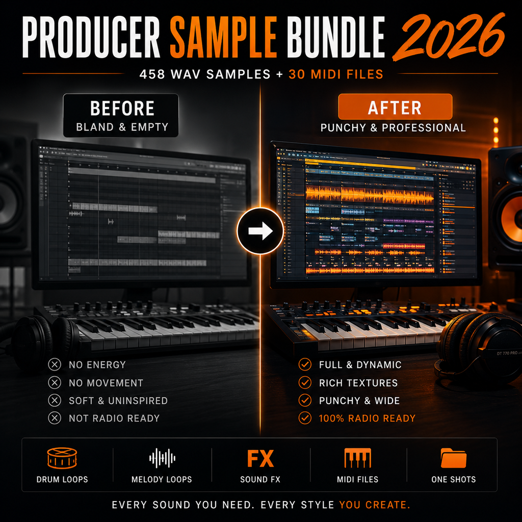 Promotional graphic for a 'Producer Sample Bundle 2026' featuring before-and-after comparisons of digital audio workstation interfaces, with text highlighting included sample and MIDI files.