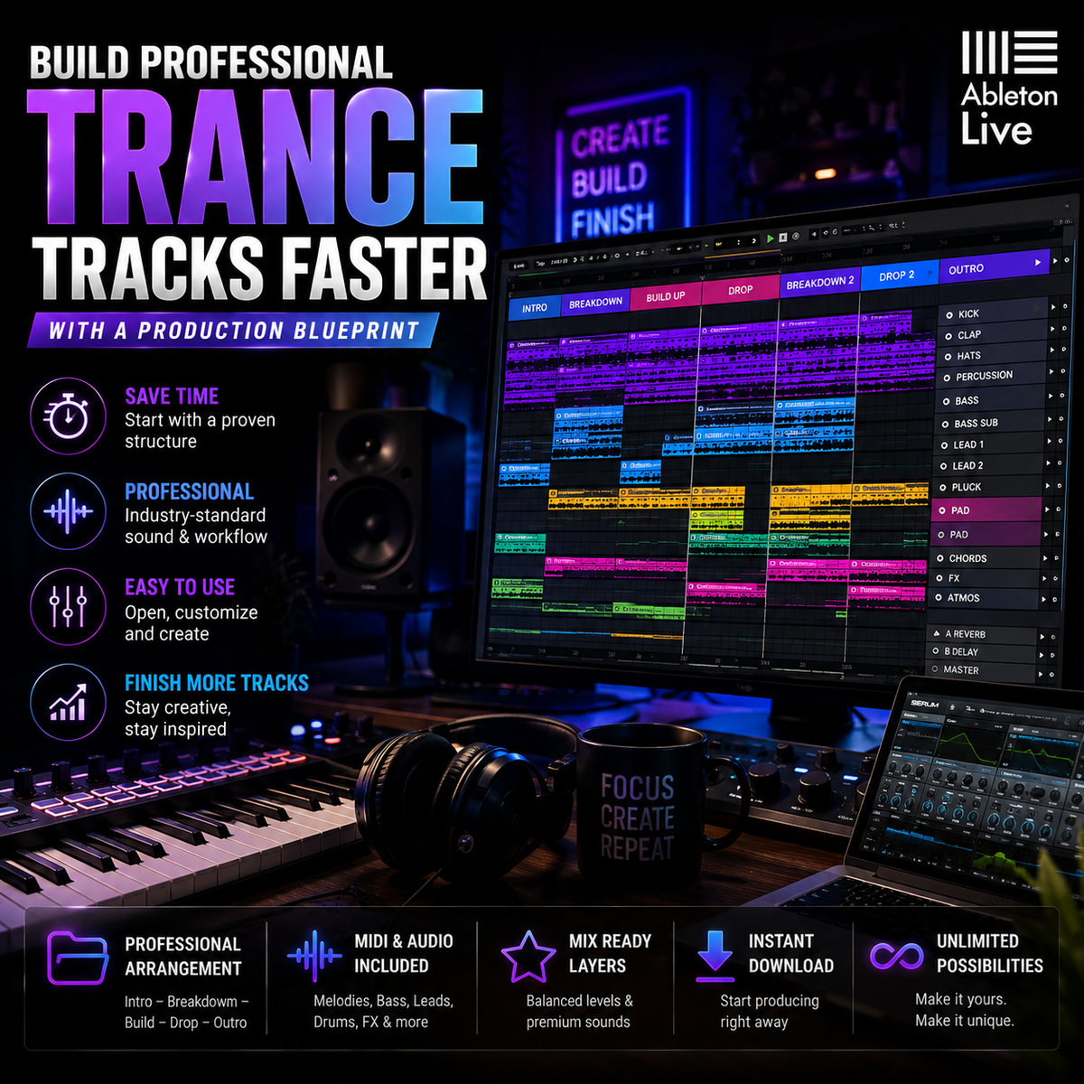 Producer using an Ableton trance template to build and arrange a professional melodic EDM track