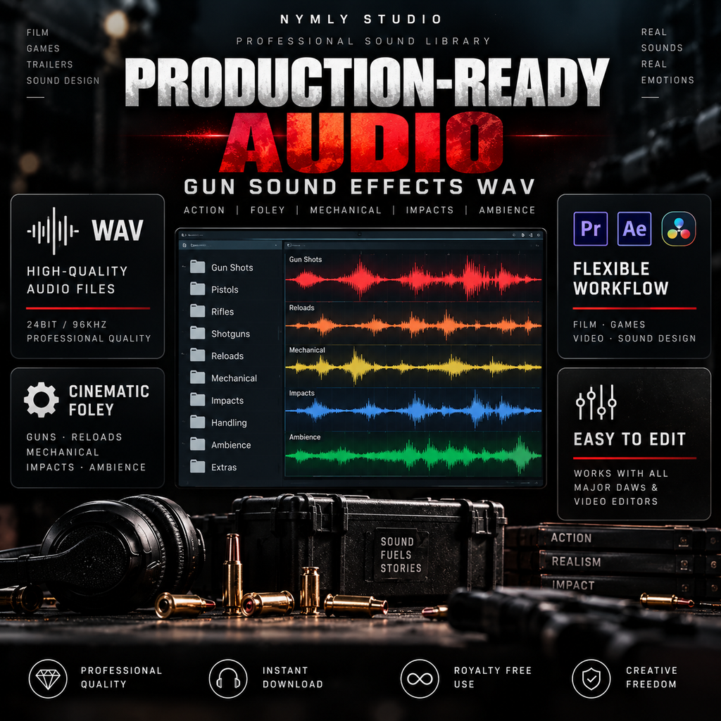 Promotional graphic for a digital audio sample pack titled 'Production-Ready Audio: Gun Sound Effects WAV' by Nymly Studio. The design features a dark, gritty theme with a black case, bullets, and headphones in the foreground, and a central software compatibility banner showing Adobe Premiere Pro and After Effects.