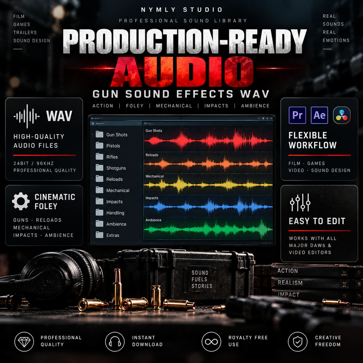 Promotional graphic for a digital audio sample pack titled 'Production-Ready Audio: Gun Sound Effects WAV' by Nymly Studio. The design features a dark, gritty theme with a black case, bullets, and headphones in the foreground, and a central software compatibility banner showing Adobe Premiere Pro and After Effects.
