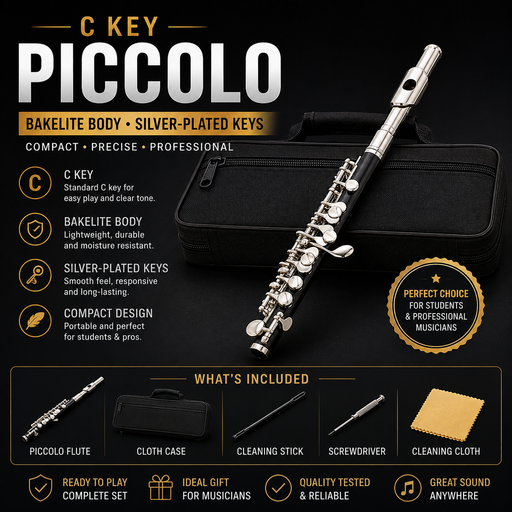 A promotional product graphic for a C-key Piccolo flute. The silver-plated flute is shown diagonally next to its black fabric carrying case, with various accessories listed at the bottom including a cleaning stick, screwdriver, and cloth.