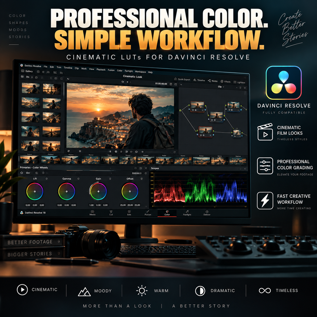 Promotional graphic for a DaVinci Resolve color grading software bundle, showing a computer monitor with the software interface, a keyboard, and a camera lens on a desk. The graphic includes text highlighting 'Professional Color.