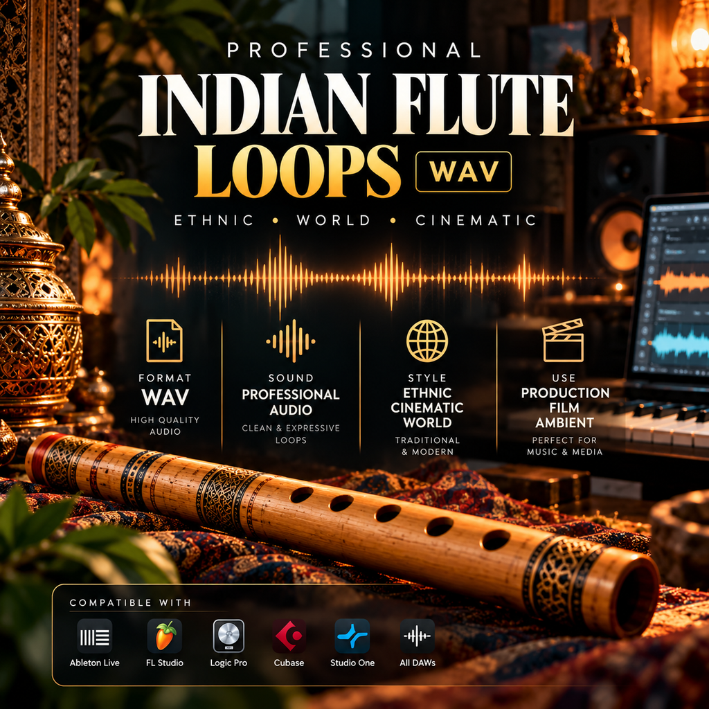 Promotional graphic for a digital audio loop pack titled 'INDIAN FLUTE LOOPS WAV' with the subtitle 'ETHNIC • WORLD • CINEMATIC'. The image features a wooden Indian flute (bansuri) in the foreground, set against a warm, atmospheric background of a traditional Indian room with a laptop, ornate lamps, and a patterned rug.