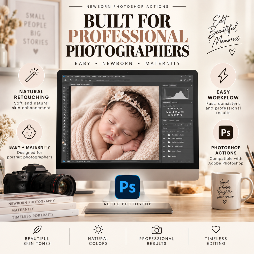 Promotional graphic for newborn Photoshop actions, showing a desktop monitor with a portrait photo editing interface, surrounded by lifestyle props including a camera, books, and a mug on a desk. Text highlights features such as natural retouching, baby and maternity focus, easy workflow, and Adobe Photoshop compatibility.