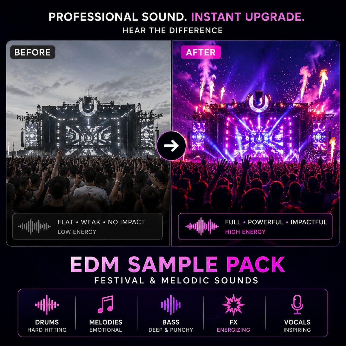 Promotional graphic for an EDM sample pack showing a before-and-after comparison of a live concert stage. The left 'before' panel is grayscale and labeled 'flat • weak • no impact'; the right 'after' panel is vivid with purple, pink, and blue lighting and fireworks, labeled 'full • powerful • impactful'.