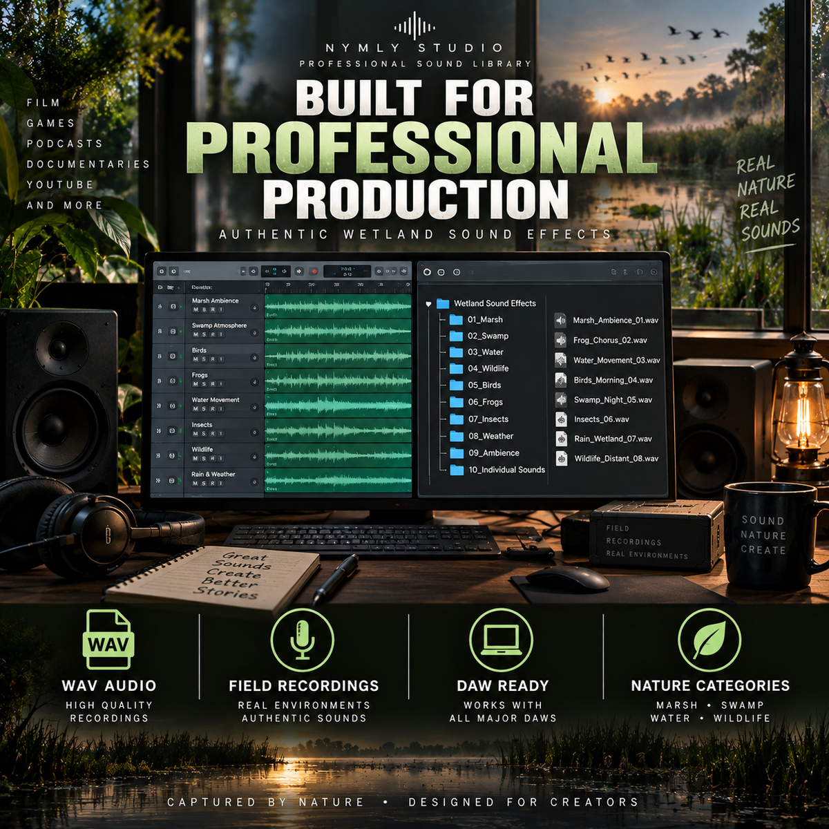 Promotional graphic for a sound library product titled 'Built for Professional Production' by Nymly Studio. The image shows a digital audio workstation interface on a laptop, speakers, headphones, a mug, and a scenic wetland landscape at sunset, with text highlighting wetland sound effects, field recordings, and nature categories.