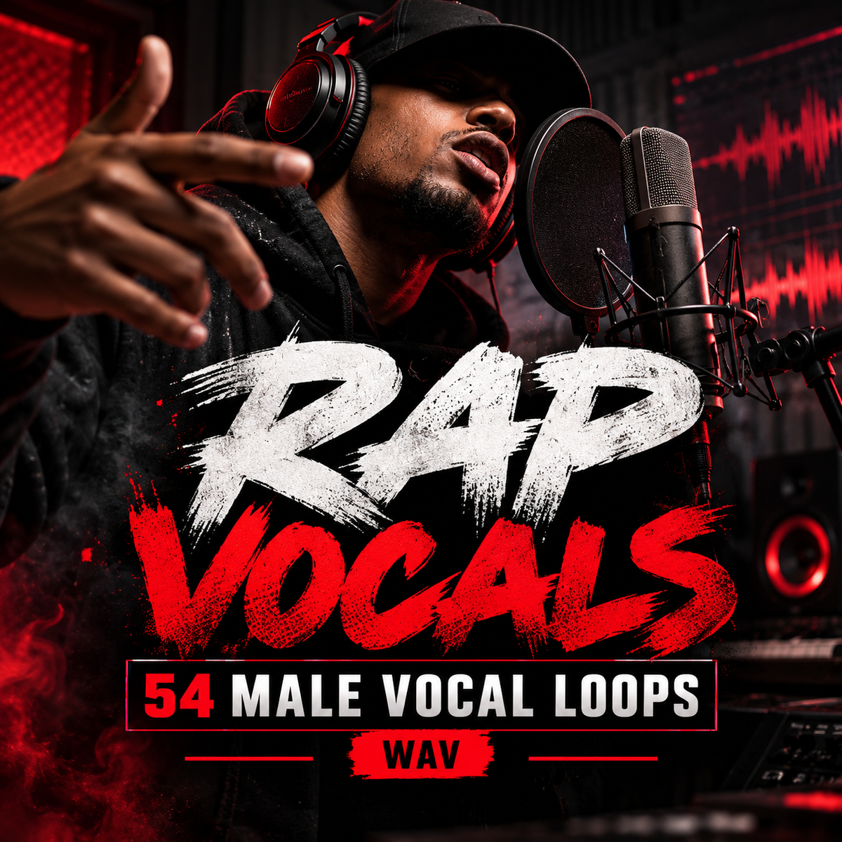 Promotional cover art for a music sample pack titled 'RAP VOCALS 54 MALE VOCAL LOOPS WAV'. The image features a male producer wearing a black cap, black headphones, and a black hoodie, gesturing towards a studio microphone with a pop filter.