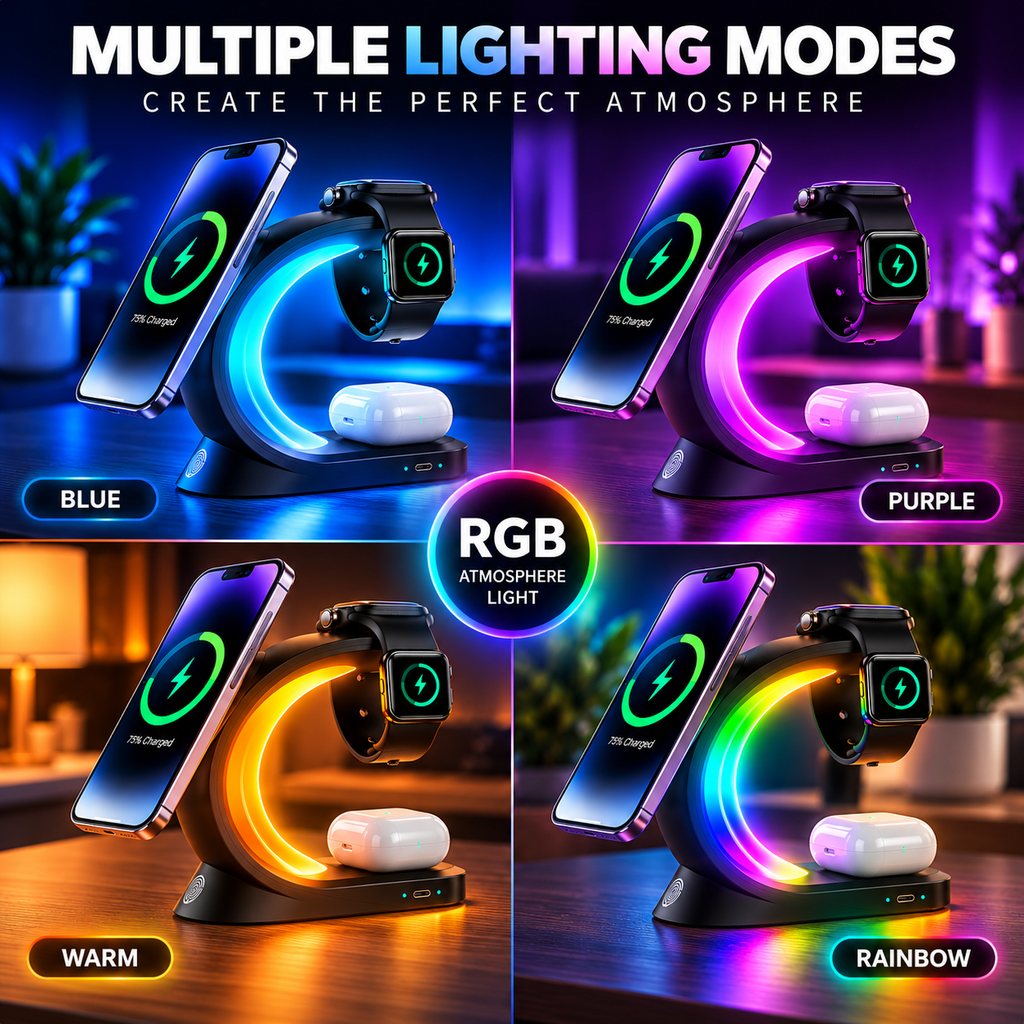 A 2x2 promotional collage showing a wireless charging stand in four lighting modes: blue, purple, warm orange, and rainbow. Each quadrant shows the stand charging a smartphone and a smartwatch, with a white earbud case beside them.