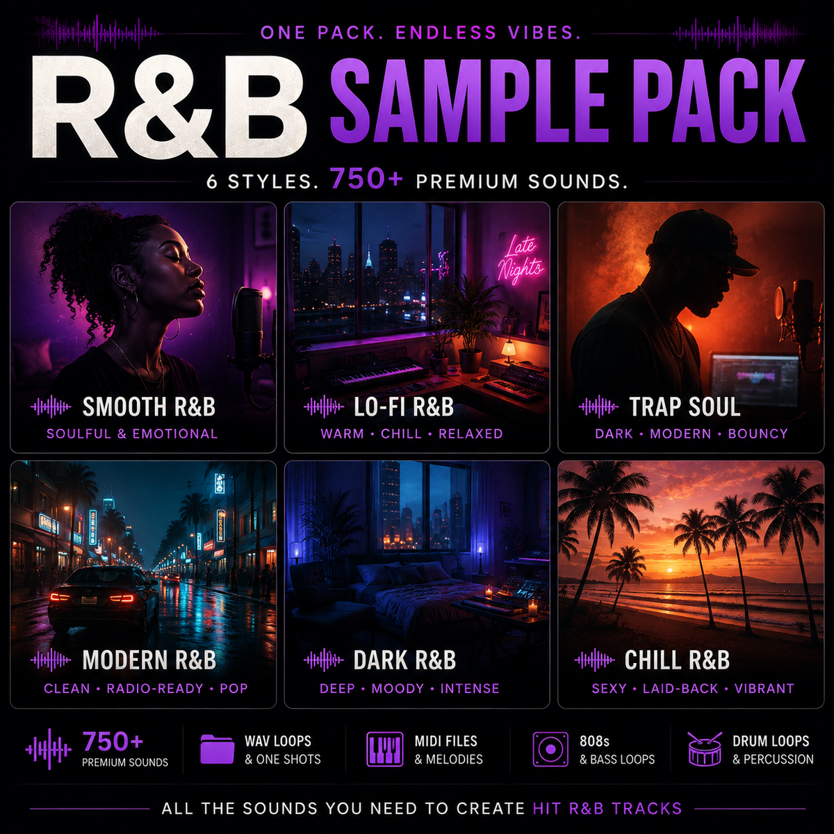 Promotional graphic for an R&B sample pack with six illustrated music-style scenes and large text reading 'R&B SAMPLE PACK,' '6 STYLES, 750+ PREMIUM SOUNDS,' plus feature icons for ways, loops, MIDI files, stems, and bass loops.